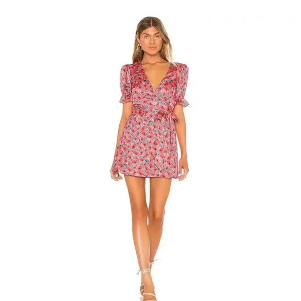 HOUSE OF HARLOW 1960 x Revolve Aja Red Poppy Floral Mini Wrap Dress XL - Picture 2 of 14